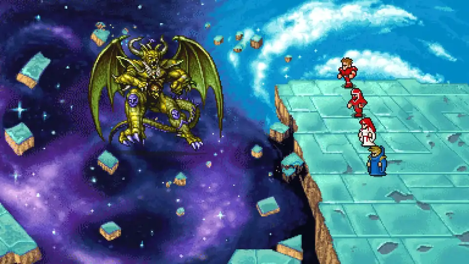 The Warriors of Light battle Chaos on B5 of the past Chaos Shrine