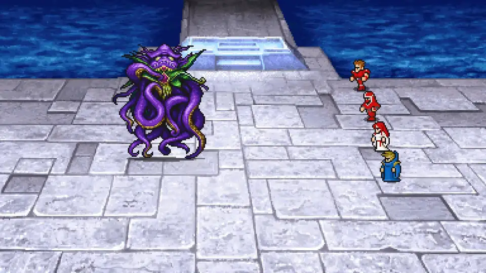 The Warriors of Light battle Kraken in the Sunken Shrine