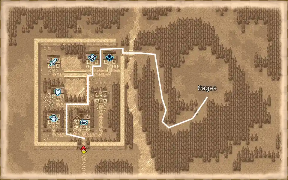 Crescent Lake town map showing the path to the Circle of Sages