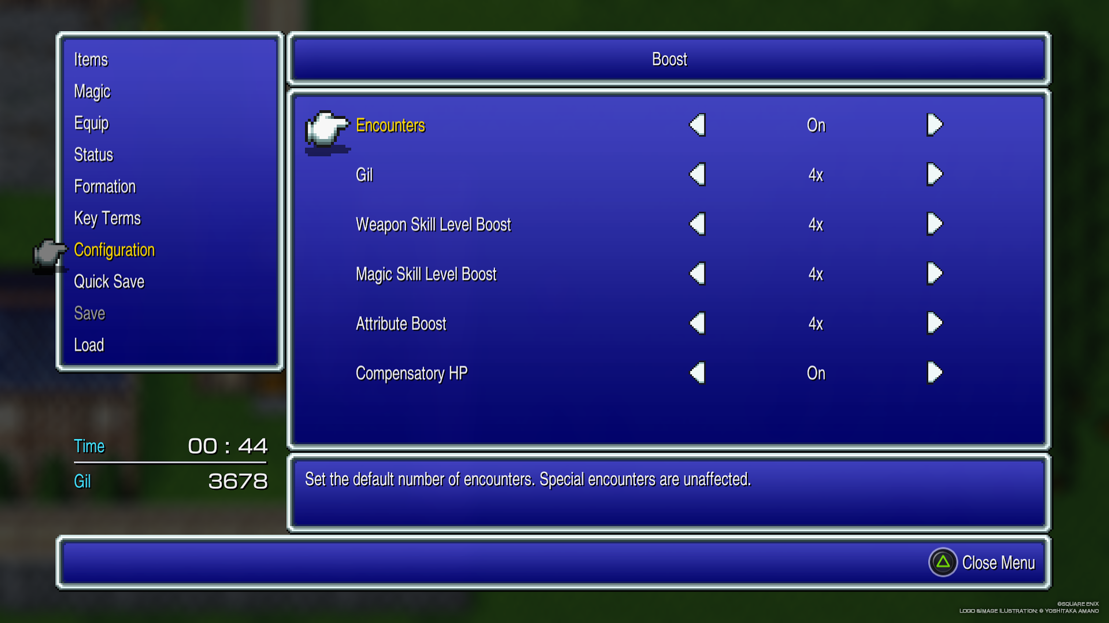 Config menu showing Gil and EXP boost options