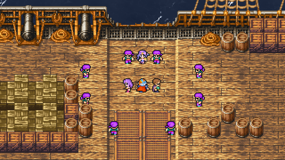 Leila's pirate crew ambushing the party on deck