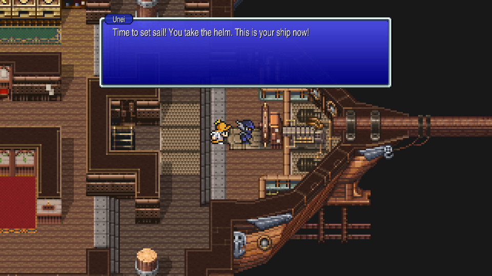 The party boarding the Invincible airship at the bottom of the Ancient Ruins