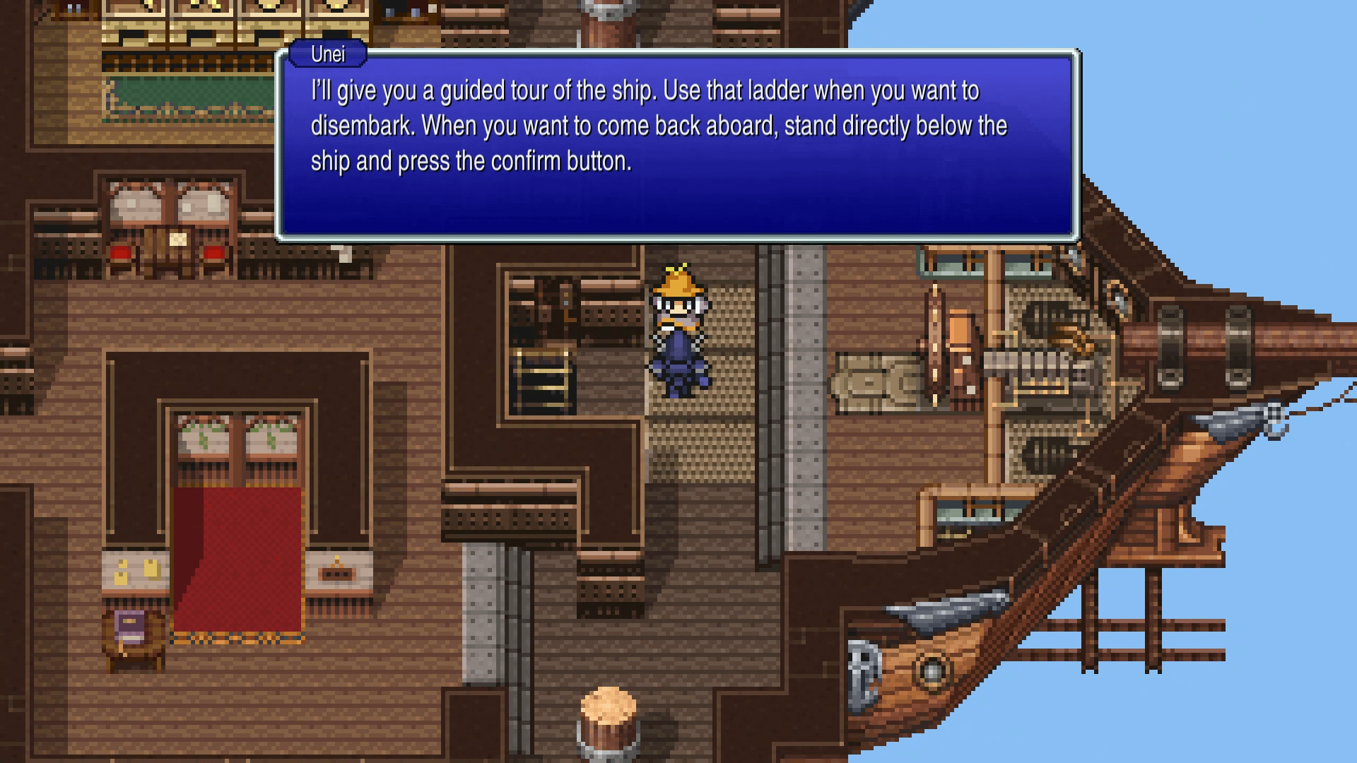 Inside the Invincible airship showing the steering wheel, shops, and bed