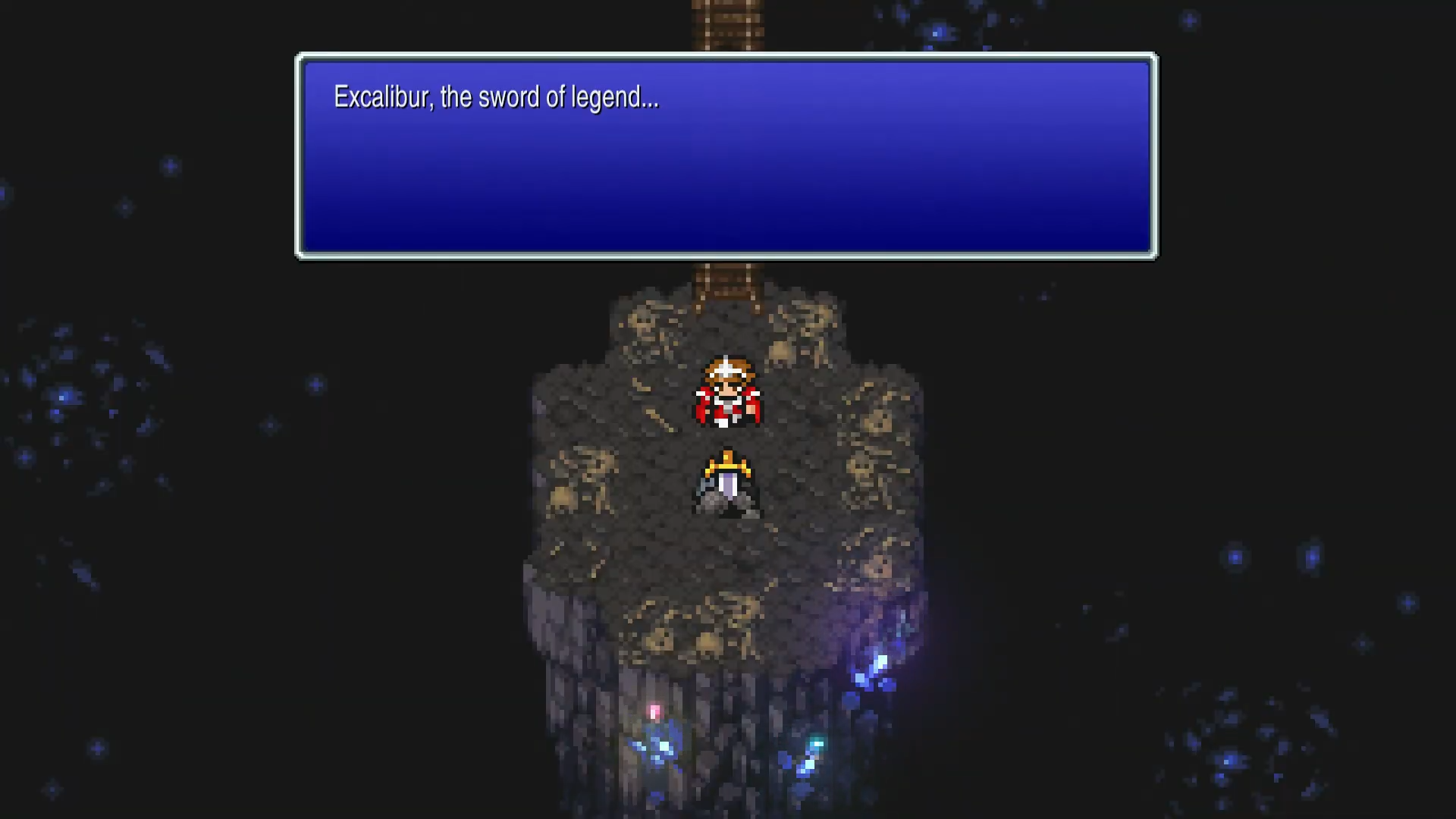 Excalibur embedded in stone on Eureka B6, guarded by General