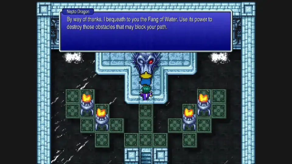 Receiving the Fang of Water from the dragon statue after placing the Nepto Eye