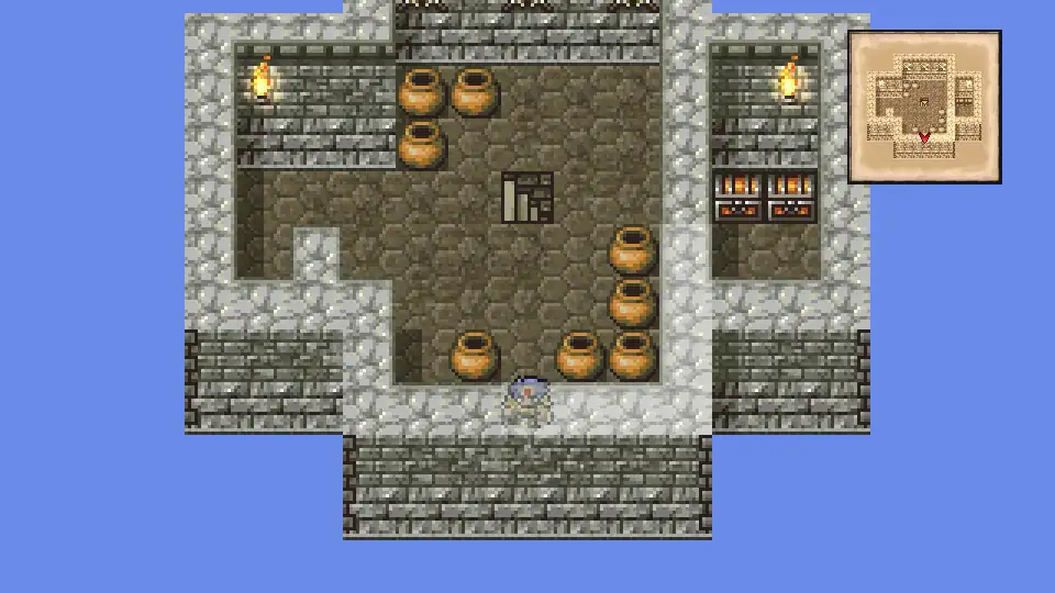 West Tower 2F: push south between the pots for the secret passage.