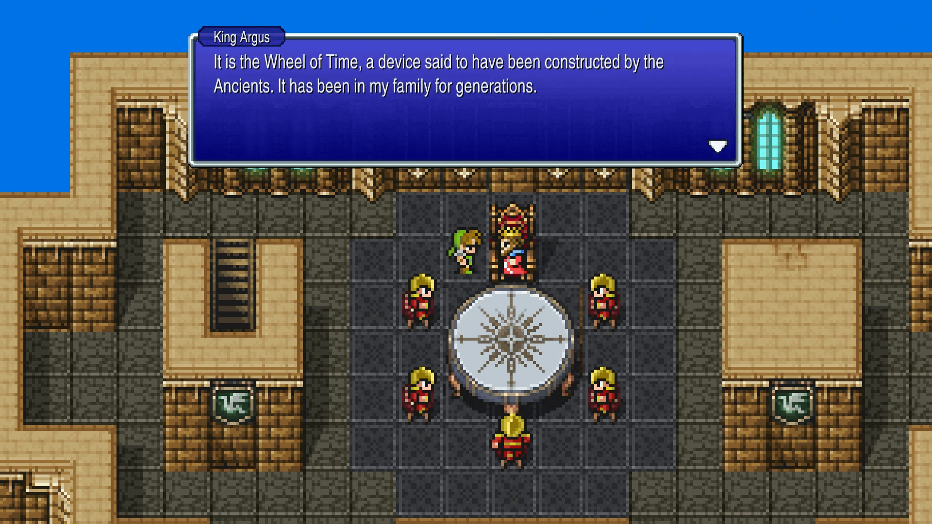 King Argus handing over the Wheel of Time in the Hall of the Round Table